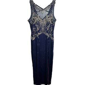 Vintage Alyce Designs Evening Dress 80s Rhinestone Beaded Sequin Navy 16